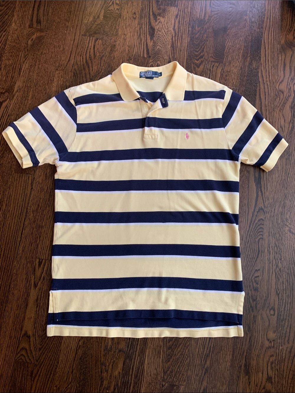 Polo by Ralph Lauren Yellow and Navy Horizontal Stripe Polo - Men Large